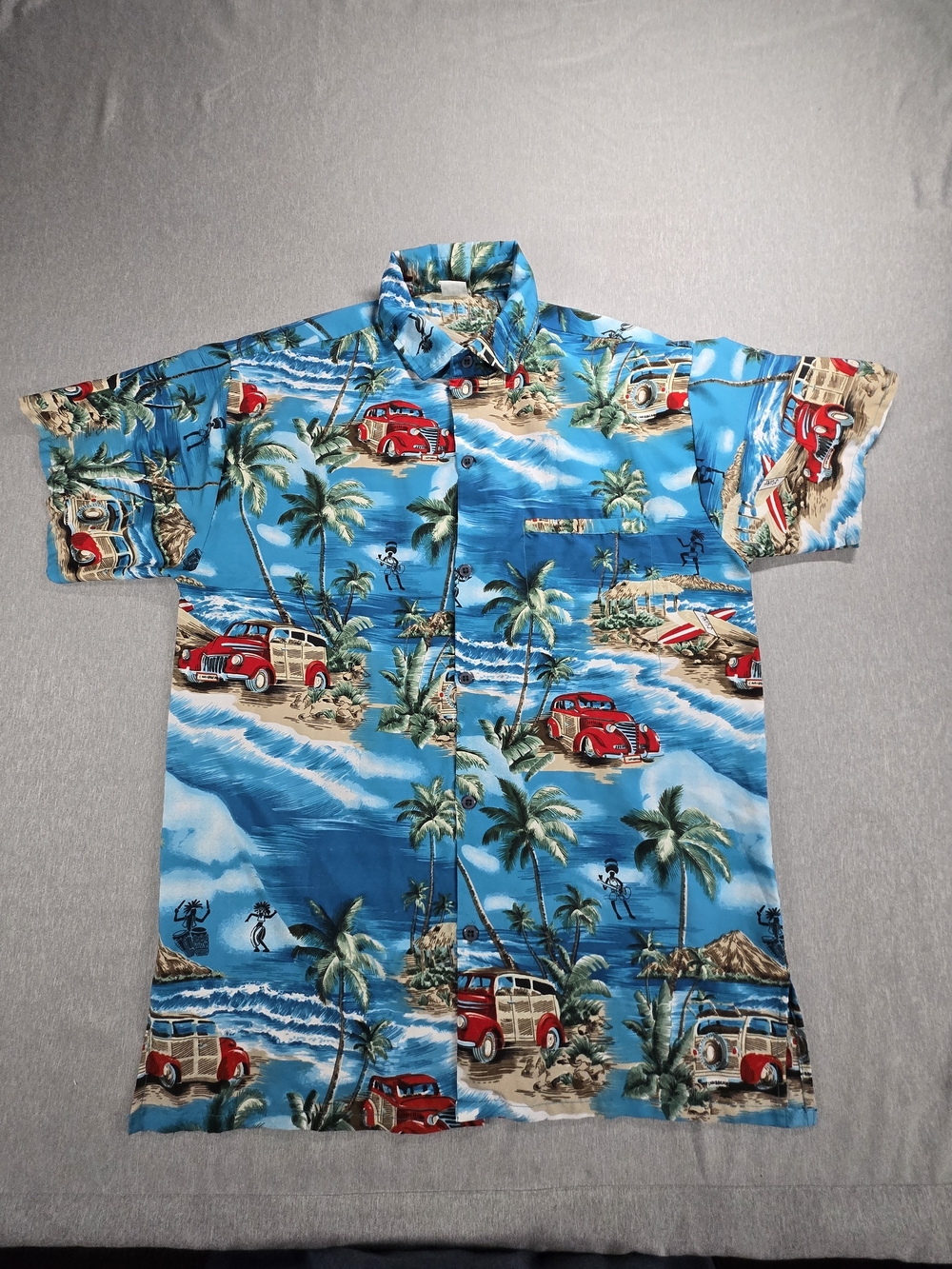 Vintage Blue Hawaiian Palm Print Camp Shirt